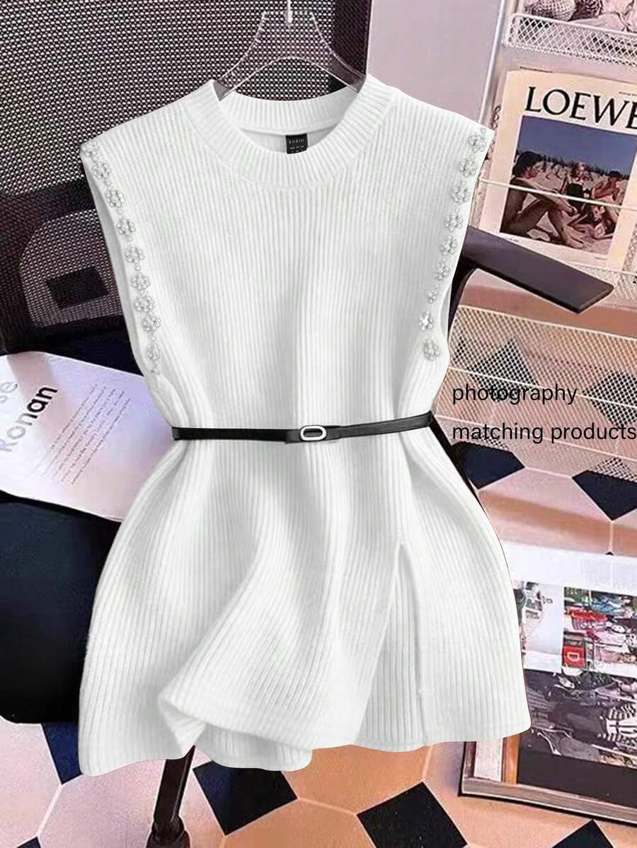 Lyxana Women's Solid Color Ribbed Pearl Knit Tank Top, Autumn/Winter - White - View 1