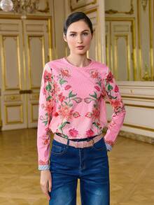 LOTSLUV Blusa básica de manga larga con cuello redondo y estampado degradado, color rosa - Rosa - Ver 4