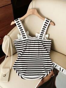 GlowEve Women Striped Fabric 3D Flower Bow Ribbon Tank Top,Summer - Black and White - View 2
