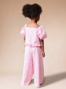SUMWON Girls Puff Sleeve Off Shoulder Top And Wide Leg Palazzo Pants Set Striped Cotton Summer Casual Outfit With Ruffle Details Vacation - Pink - View 2
