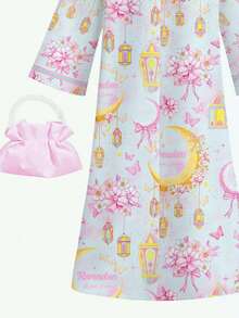 SHEIN Áo Jalabiya màu xanh cổ tích, họa tiết hoa cho bé gái, kiểu dáng thanh lịch cổ điển đính cườm và sequin, họa tiết trăng, bướm, bó hoa, váy dài tay truyền thống kiểu Ả Rập cho bé gái, phù hợp cho mùa xuân/hè, váy maxi dài tay công chúa thời trang thanh lịch, áo Abaya cầu nguyện, thoải mái dễ chịu, trang phục thường ngày, phong cách nghỉ dưỡng, áo Kaftan kín đáo, áo Jalabiya cho bé gái, áo Jalabiya cho bé gái - trắng - Xem 6