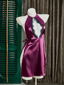 SHEIN Sexy Women's Nightgown, Front Chest Cutout Lace Patchwork, Side Tie Halter Neck Elegant Dress - Burgundy - View 7