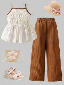 SHEIN 女童两件套：杏色褶皱蝴蝶结装饰吊带背心 + 焦糖棕色条纹阔腿裤，时尚休闲套装，适合日常、度假、夏季穿着 - 咖啡棕 - 查看 2