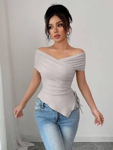 Rafferiza Camiseta de manga corta ajustada y hombros descubiertos para mujer, estilo casual y de oficina, para verano - Gris - Ver 3