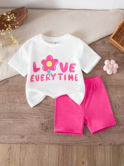 SHEIN 两件套女婴可爱夏季针织卡通图案短袖T恤和短裤套装，松紧腰