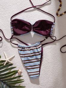 Swim Mod Conjunto de bikini de 2 piezas con estampado de rayas, escote halter y espalda descubierta, sexy, para mujer, Primavera/Verano 2026 - Multicolor - Ver 2