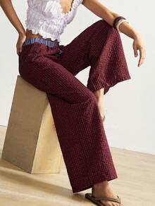 Bohemela Quần ống rộng dáng suông, họa tiết kẻ caro, phối nhiều mảnh, phong cách boho, thích hợp cho kỳ nghỉ của nữ. - Đỏ - Xem 7