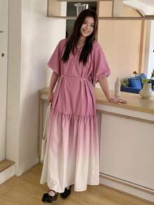 Dazy Plus Plus Size Women's Casual Vacation Elegant Ombre Bubble Sleeve Belted Midi Dress, Summer Sun Dresses For Women - Hot Pink - View 7