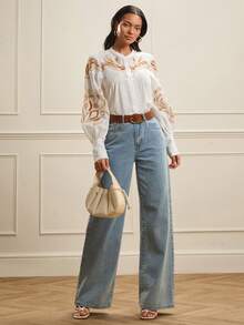 Lilora 女士圆领插肩长袖褶裥宽松前襟纽扣衬衫 - 杏色 - 查看 5