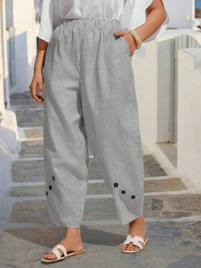Linhara CURVE Plus Size Women's Comfortable Cotton Striped Casual Pants With Button Decoration And Pockets, Summer