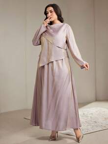Veilorie Plus Size Women Solid Color Long Sleeve Asymmetric Hem Shirt And Midi Skirt Conservative Arabic Set - Light Grey - View 7