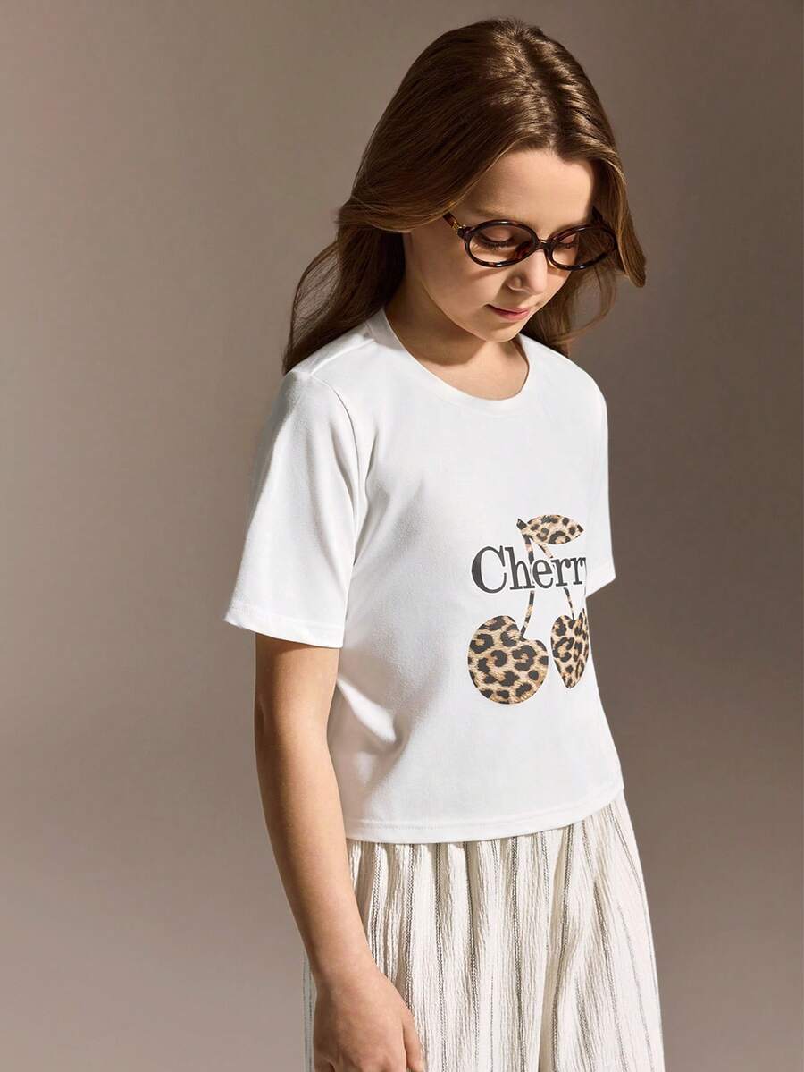 Tween Girl Leopard Print & Cherry Graphic Crew Neck Short Sleeve Casual T-Shirt Set, Summer - White - View 1
