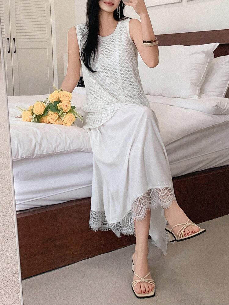 Women's Summer Round Neck Sleeveless Textured Fabric Lace Patchwork Casual Dress Sundress