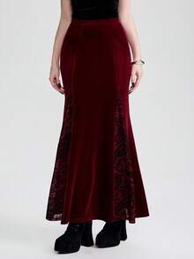 Breakform 女士时尚哥特风植绒网纱拼接弹力腰紧身半身裙 - 酒紅色 - 查看 5