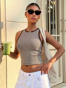 Muchica Women's Summer New Textured Striped Cropped Fitted Round Neck Tank Top - Brown - View 6