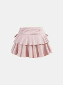 SHEIN Leap Crew 少女街头休闲纯色抽绳腰褶裥裙 - 藕粉色 - 查看 2