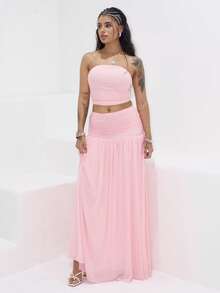 Rayane Ketlyn 2pcs/Set Women Summer Holiday Romantic Pink Mesh Bandeau Top And High Waist Pleated Mesh Maxi Skirt - Pink - View 5
