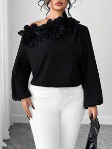 Elenzga بلوزة نسائية كبيرة الحجم بأكمام طويلة ذات كتف مائل مزينة بزخارف زهرية ثلاثية الأبعاد بلون أحادي - الأسود - مشاهدة 5