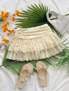 Soleia WYWH Women's Super Low Waist Lace Mesh Double Ruffle Tie Slit Maxi Skirt, Vacation - Light Yellow - View 6