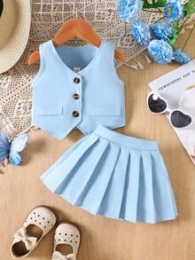 Elladie kids 2pcs/Set Baby Girls Summer Vest Top And Pleated Skirt Set - Blue - View 3