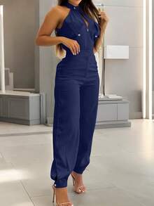 INAWLY 两件套休闲性感露背开衫上衣和抽绳腰工装裤套装 - 寶藍色 - 查看 3