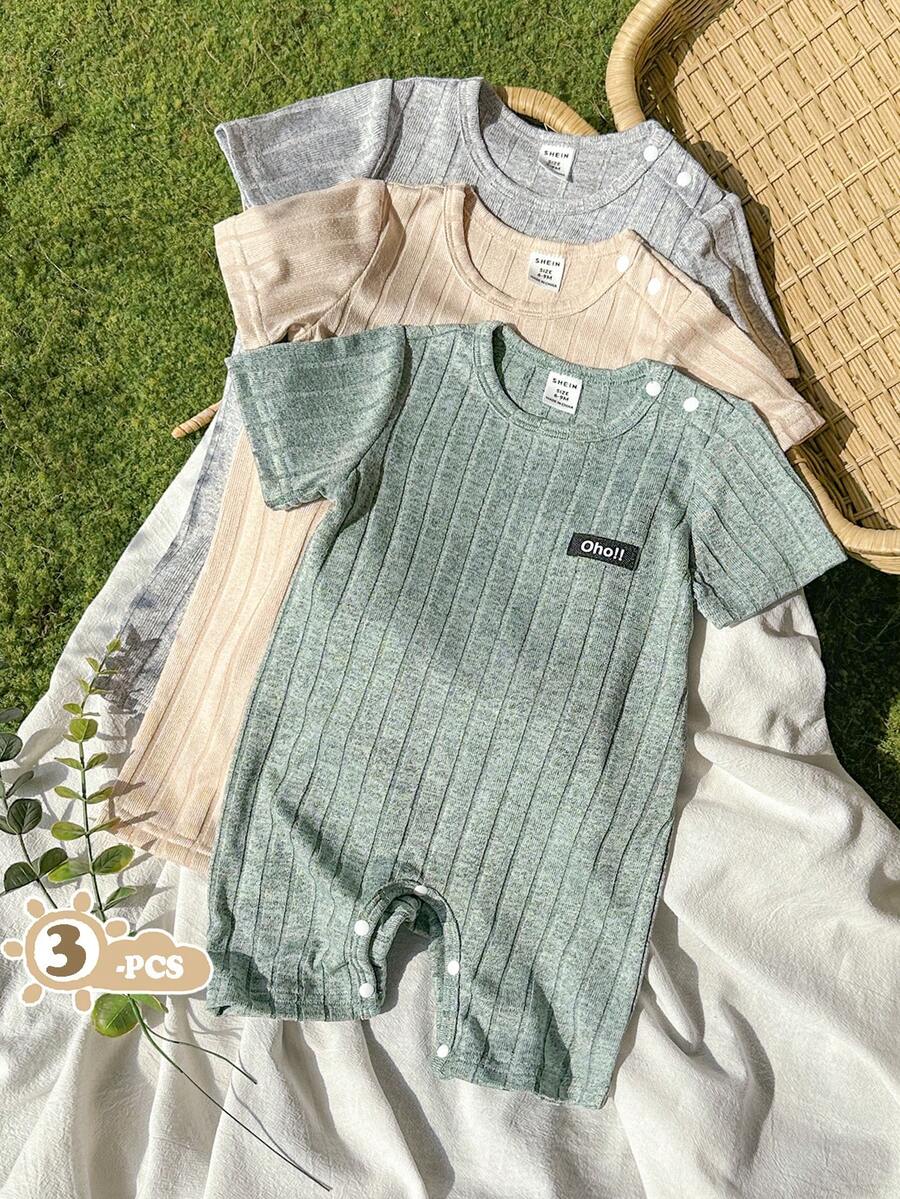 SHEIN Vintaside Kids 3pcs Toddler Boys' Simple Casual Solid Color Ribbed Rompers,Soft Sage Green Baby Clothes,Summer Family Matching Gender Neutral Unisex Outfits
