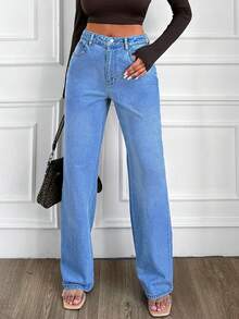 EURMUSE High Waisted Straight Leg Jeans - Light Wash - View 1