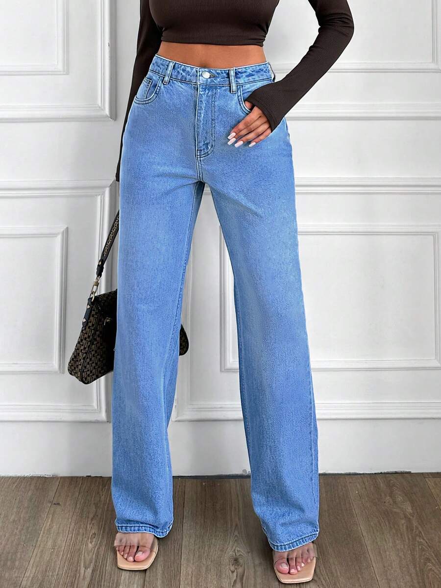 EURMUSE High Waisted Straight Leg Jeans - Light Wash - View 1