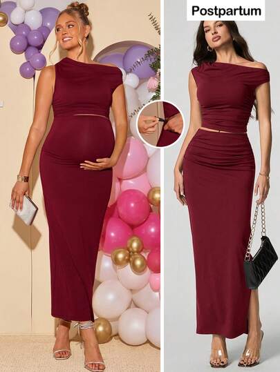 Loomaby 2pcs Maternity Elegant Solid Color Irregular Neck Fitted Cropped Top And Adjustable High Waist Skirt Set,Gender Reveal Dress,Maternity Dress, Baby Shower Dress,Wedding Guest Dress For Women,, Wedding Party Dress