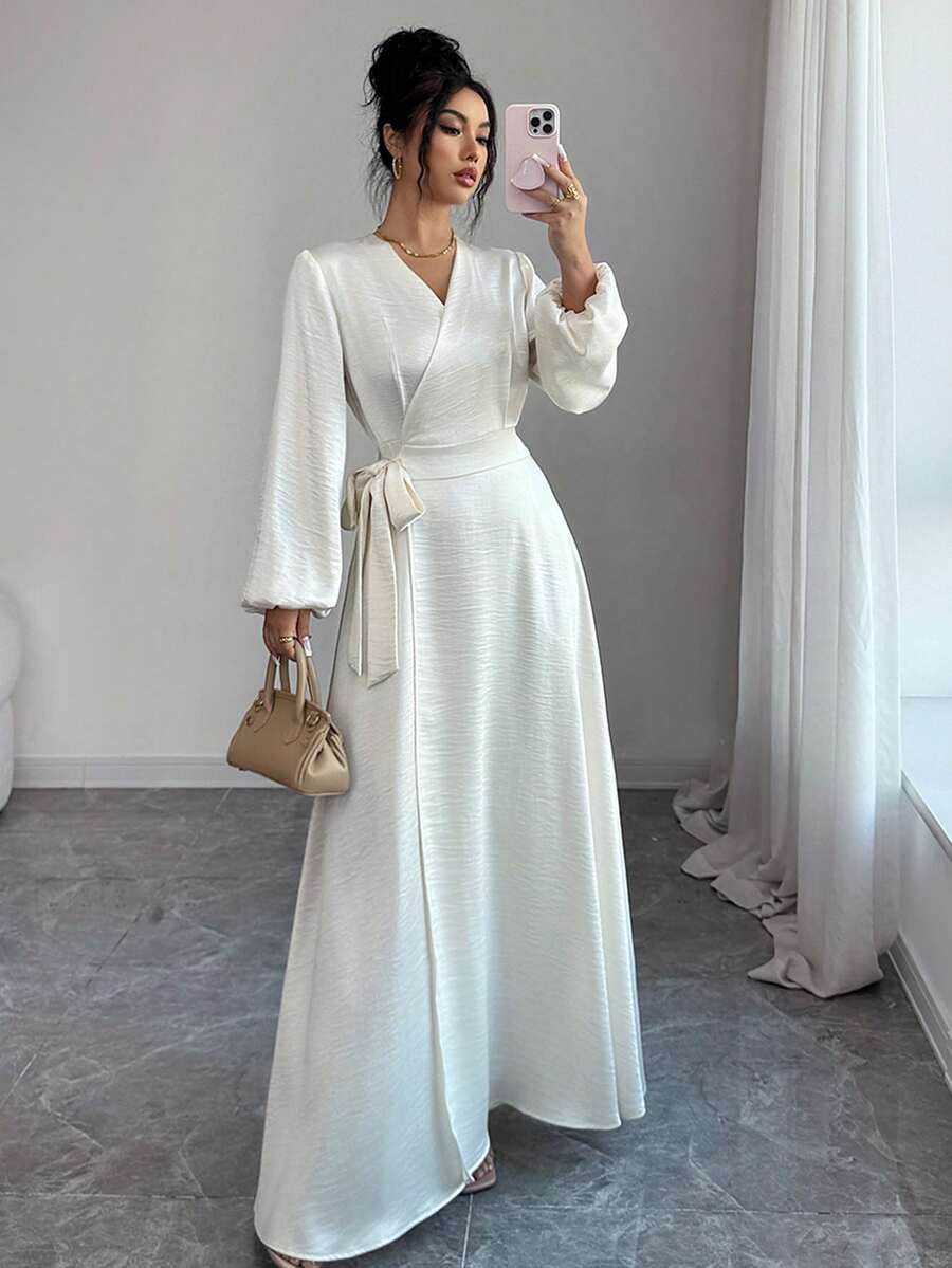 Elenzga Đầm midi nữ bằng vải satin nhăn, cổ chữ V sâu. - Màu be - Xem 1