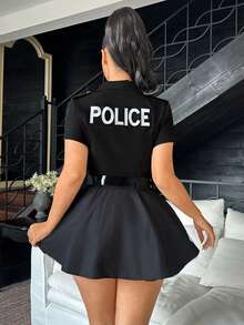 2pcs Women's Black Officer Roleplay Dress Set - Black - View 2