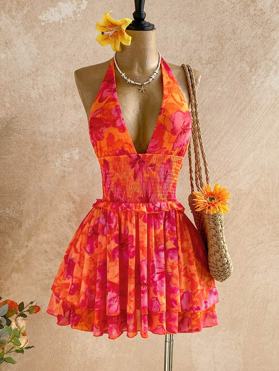 Soleia 女士碎花腰带露背迷你连衣裙，度假风 - 彩色 - 查看 1