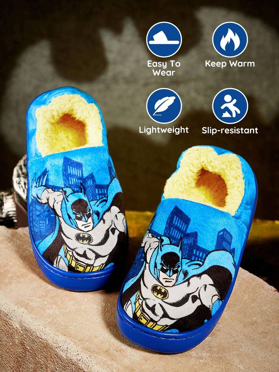 BATMAN X SHEIN Cute Cartoon Blue Boys Children's Non-Slip Indoor Slippers Toddlers & Kids Soft Plush Warm Winter House Shoes, Lightweight And Durable EVA Sole,Home Bedroom Air-Conditioned Room Spring, Autumn And Winter - 藍色 - 查看 1