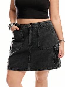 Solflare Plus Size Women Distressed Denim Effect Woven A-Line Skirt With Pockets - Black - View 3