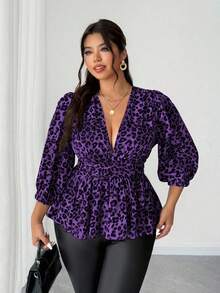Elenzga Plus Size Casual Leopard Print V-Neck Short Sleeve Ruffle Hem Blouse - Purple - View 6