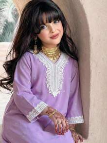 SHEIN Tween Girls' V-Neck Applique Casual Loose Daily Wear Long Sleeve Dress - Purple - View 1