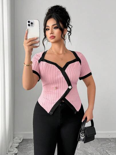 Elenzga Plus Size Women's Colorblock Heart Neck Short Sleeve Button Design Fashion T-Shirt