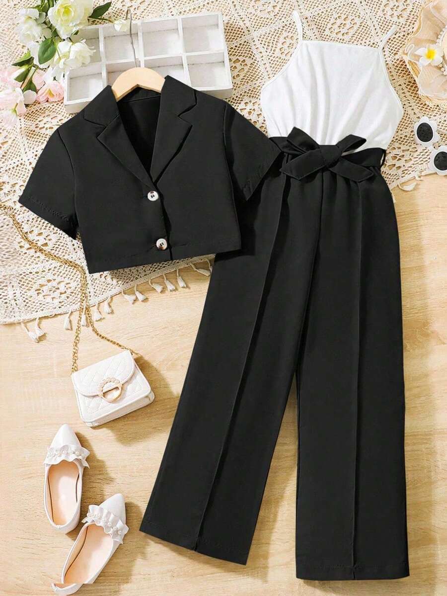 SHEIN 少女纯色短袖 Polo 领简约设计休闲百搭两件套 - 黑色 - 查看 1