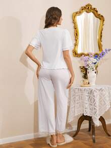 Côtesoire Elegant French Romantic Wedding Season Charming Lace Patchwork Sexy V-Neck Button Double Ruffle Trim Short Sleeve Comfortable Striped Jacquard Tie-Up Women Pajama Set - White - View 2