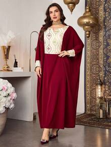 Al Najma Embroidered V-Neck Batwing Dress, Spring/Summer - Burgundy - View 8