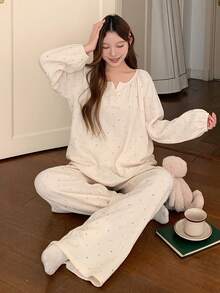 DAZY Polka Dot Print Loose Lantern Sleeve Women Pajama Set, Soft Crepe Fabric - Beige - View 10