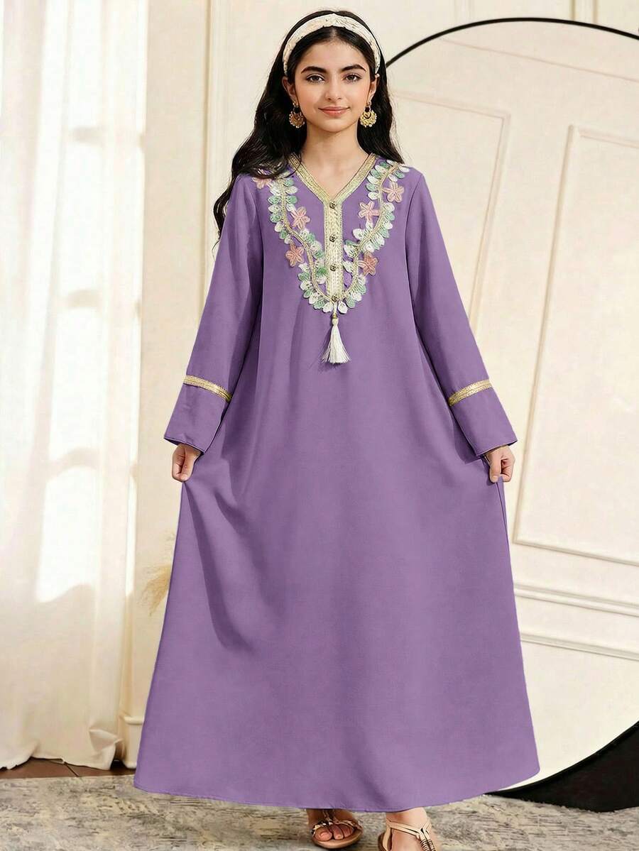 SHEIN 少女编织拼接提花面料流苏边休闲连衣裙 - 紫色 - 查看 1