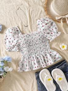 Sparklyn Áo sơ mi tay ngắn cổ vuông in họa tiết tối giản dành cho bé gái tuổi teen - Màu be - Xem 7