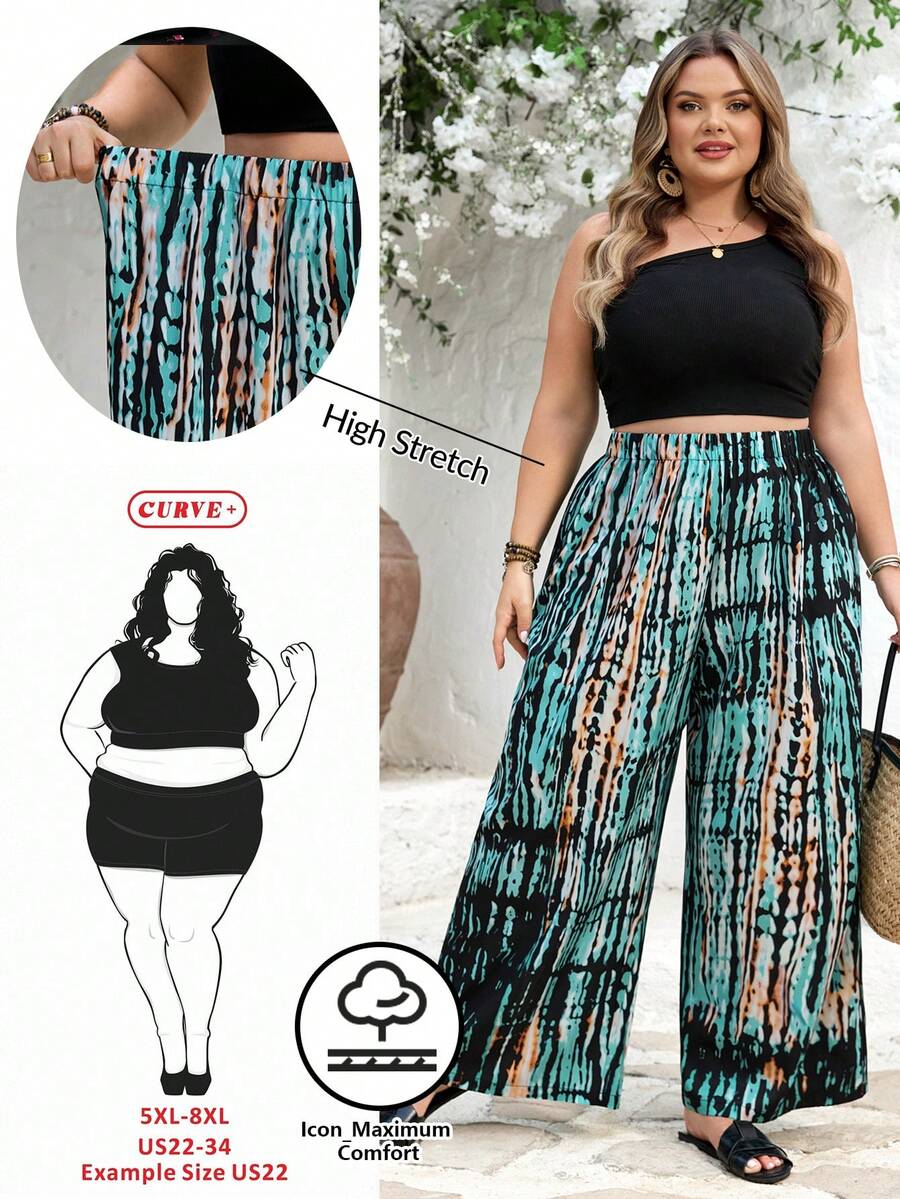 SHEIN CURVE+ Curve 尺码 US22 音乐节、海滨度假、波西米亚风 CURVE PLUS / / 女士条纹弹力腰阔腿宽松休闲裤 夏季/乡村/海滩度假装/海滩装/沙滩服饰 - 彩色 - 查看 1