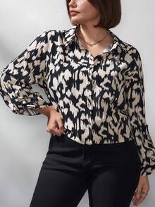 Chikora 大码女式豹纹袖口单排扣休闲衬衫，适合办公室穿着，也适合职场女性，春季百搭，春假必备，优雅女式衬衫，女士衬衫，外出上衣，冬季女式上衣，优雅女式上衣 - 彩色 - 查看 6
