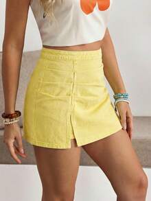Breezaya Women's Pleated Side Slit Hem Casual Denim Skort - Yellow - View 2