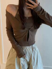 DAZY 2件套 女士开衫+吊带背心，长袖纽扣开衫薄款衬衫 - 棕色 - 查看 8