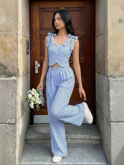 Reset Phase 2pcs/Set Teen GirlSleeveless Open Front Vest & Elastic Waist Wide Leg Pants Casual Outfit, Summer