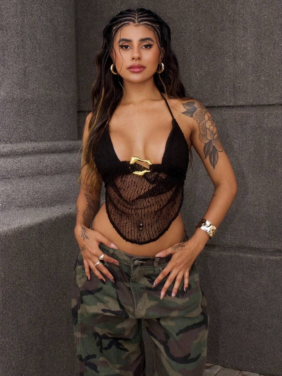 Rayane Ketlyn 女士夏季性感波西米亚海滩度假演唱会女士露背领带金属装饰钩针夏季上衣,夏季,俱乐部性感上衣 - 黑色 - 查看 1