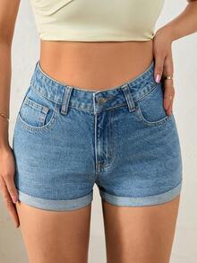 SHEIN Low Waist Light Blue Washed Denim Shorts - Medium Wash - View 5